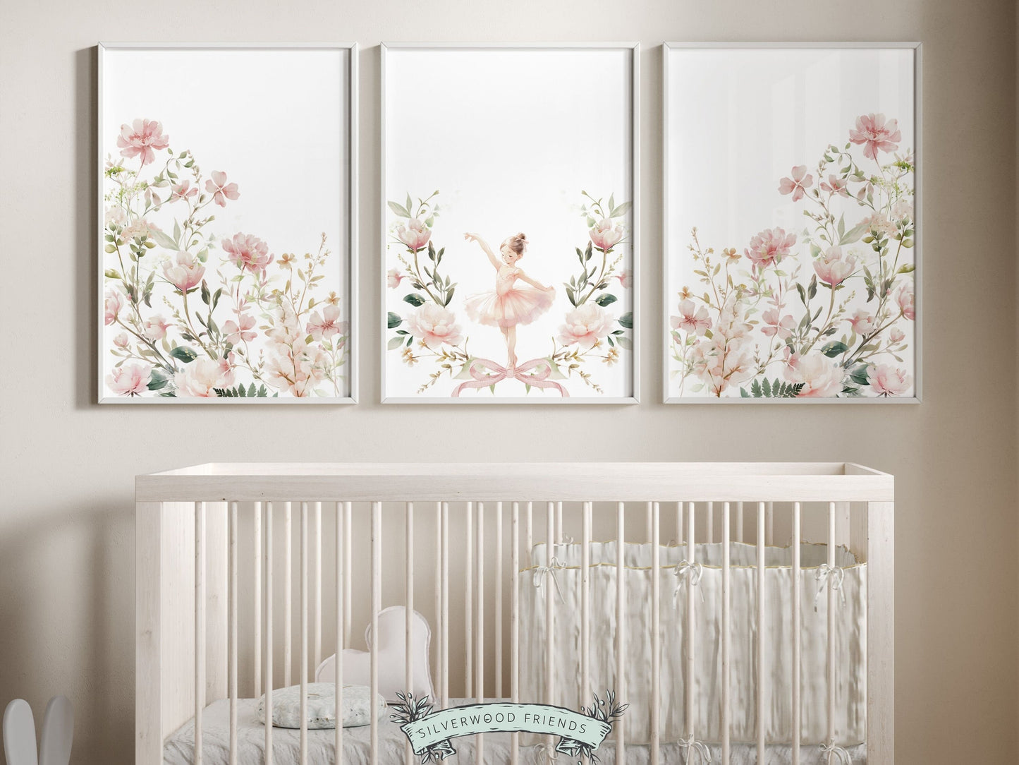 Set of 3 Ballet Nursery Prints, showcasing a delicate ballerina dancing amidst watercolor wildflowers. Perfect for ballet themed or wildflower inspired decor, these prints make an adorable baby shower gift inspiring dreams of graceful twirls.
