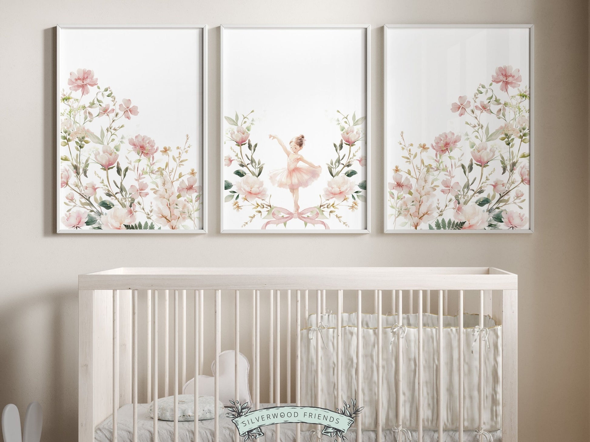 Set of 3 Ballet Nursery Prints, showcasing a delicate ballerina dancing amidst watercolor wildflowers. Perfect for ballet themed or wildflower inspired decor, these prints make an adorable baby shower gift inspiring dreams of graceful twirls.