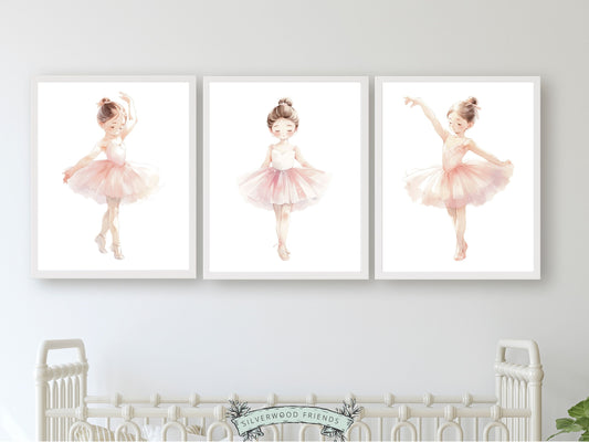 Set of 3 Ballet Prints featuring adorable little ballerinas. These whimsical artworks are an ideal addition to your ballet nursery decor or as an adorable baby girls baby shower gift