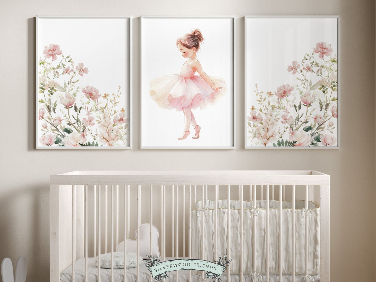 Set of 3 Ballet Prints featuring pink wildflowers and a little ballerina girl. Perfect for your ballet nursery decor or wildflower nursery and also make an adorable baby shower gift that captivates the magic of twirls and tiptoes.
