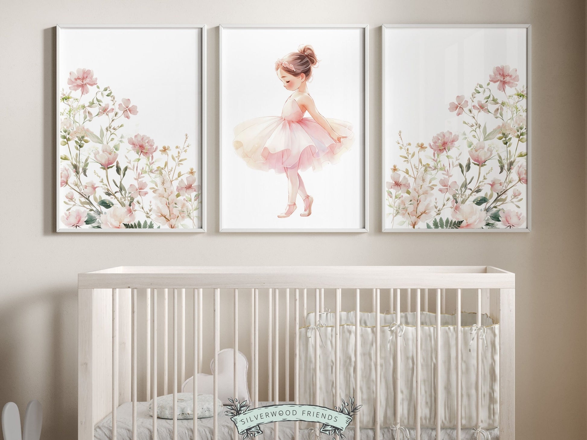 Set of 3 Ballet Prints featuring pink wildflowers and a little ballerina girl. Perfect for your ballet nursery decor or wildflower nursery and also make an adorable baby shower gift that captivates the magic of twirls and tiptoes.