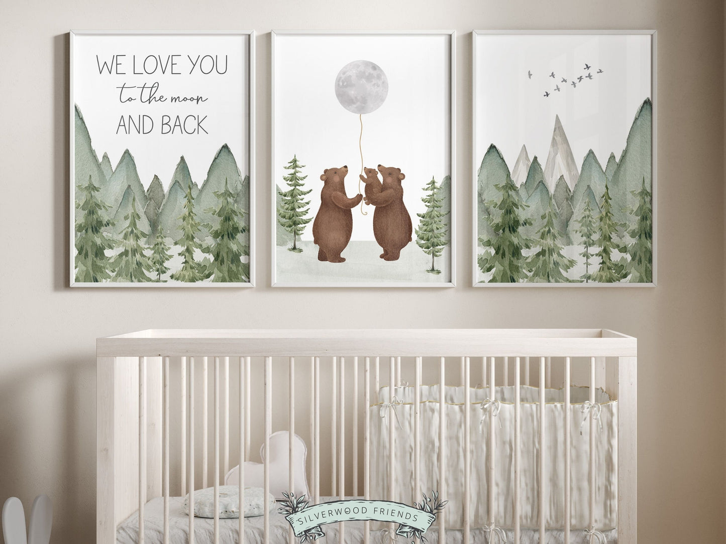 Set of 3 Bear Nursery Prints featuring a family of bears holding the moon and quote We love you to the moon and back and set against a mountain and woodland forest landscape. Ideal for your woodland nursery and makes an adorable baby shower gift.